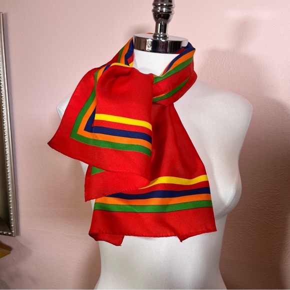 Vintage 70 80 Red MOD Rainbow Preppy Stripe Rectangle Bow Neck Scarf - Picture 11 of 17